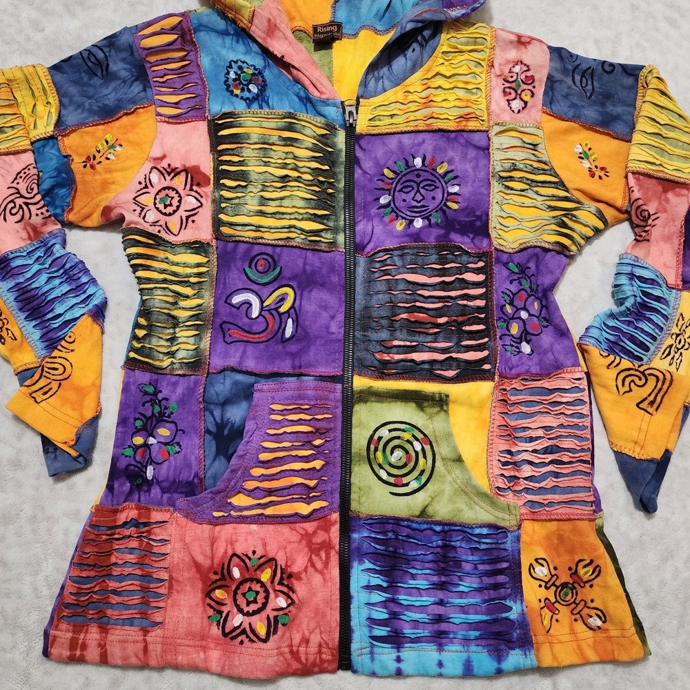 Rising International Hoodie XL Tie Dye Patchwork Sun Celestial Hippie Artsy Boho - Picture 2 of 12